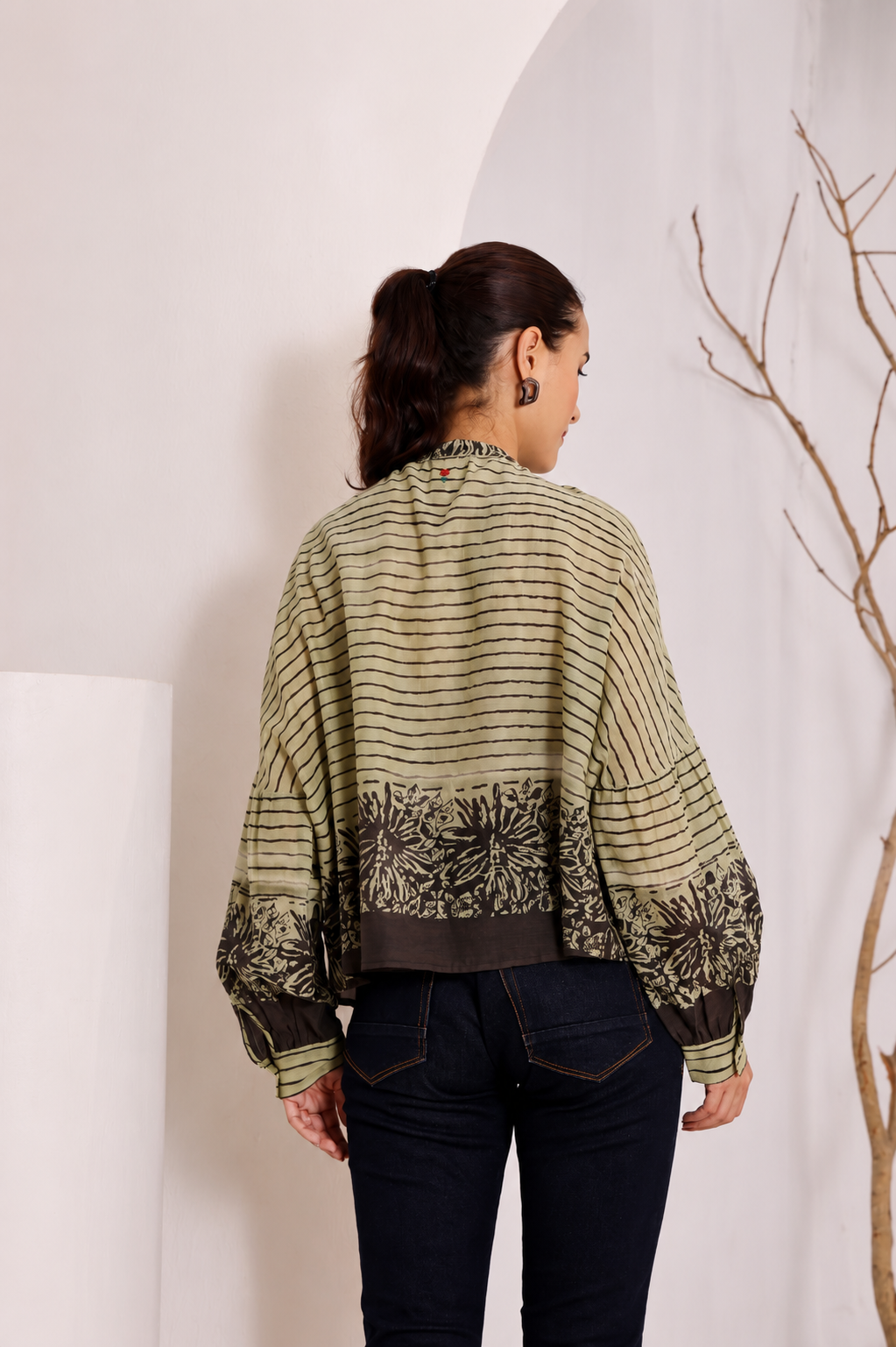 Olive Green Printed Cotton Top for Women