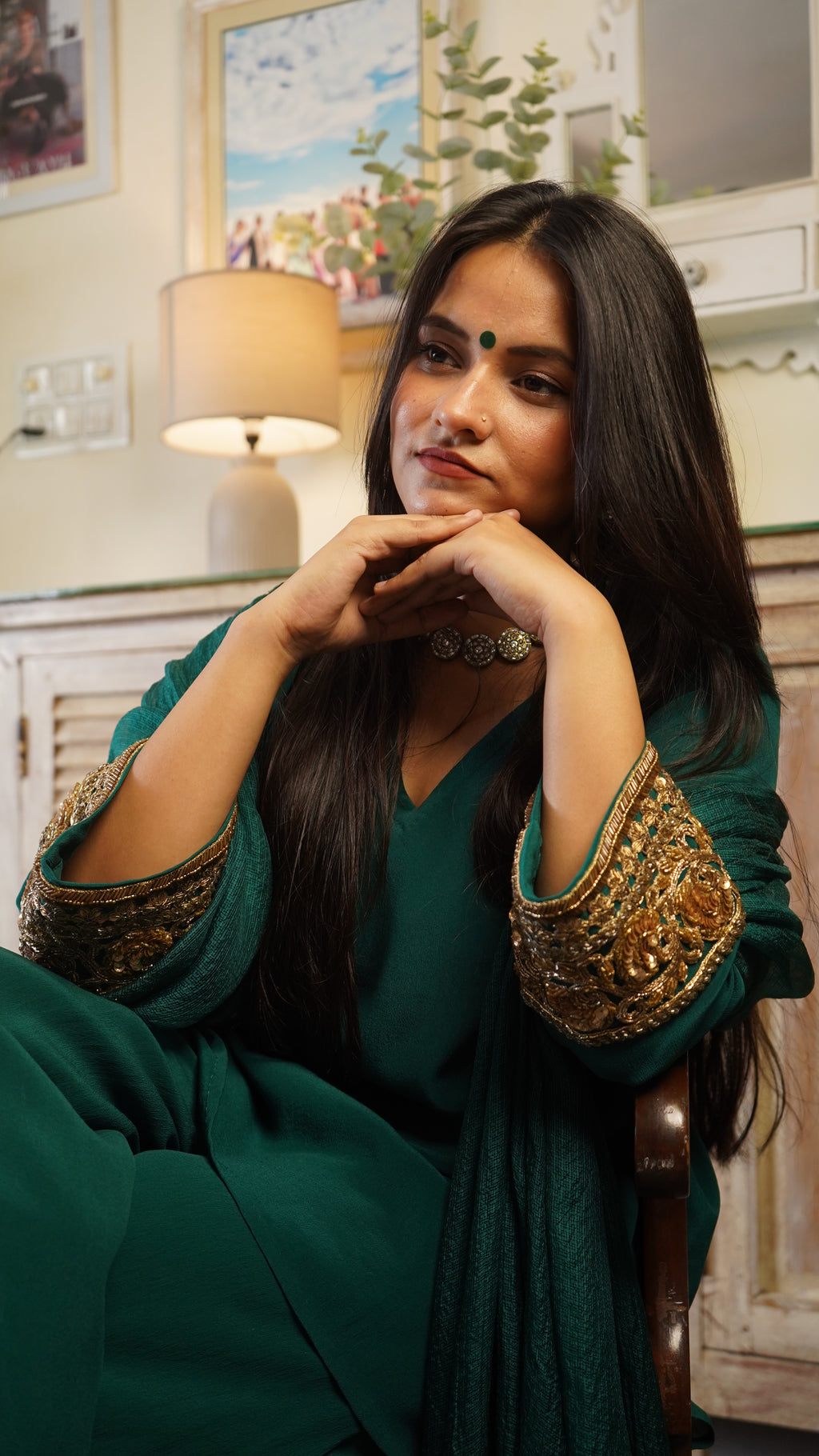 Emerald Elegance Silk Crepe Kurta Set