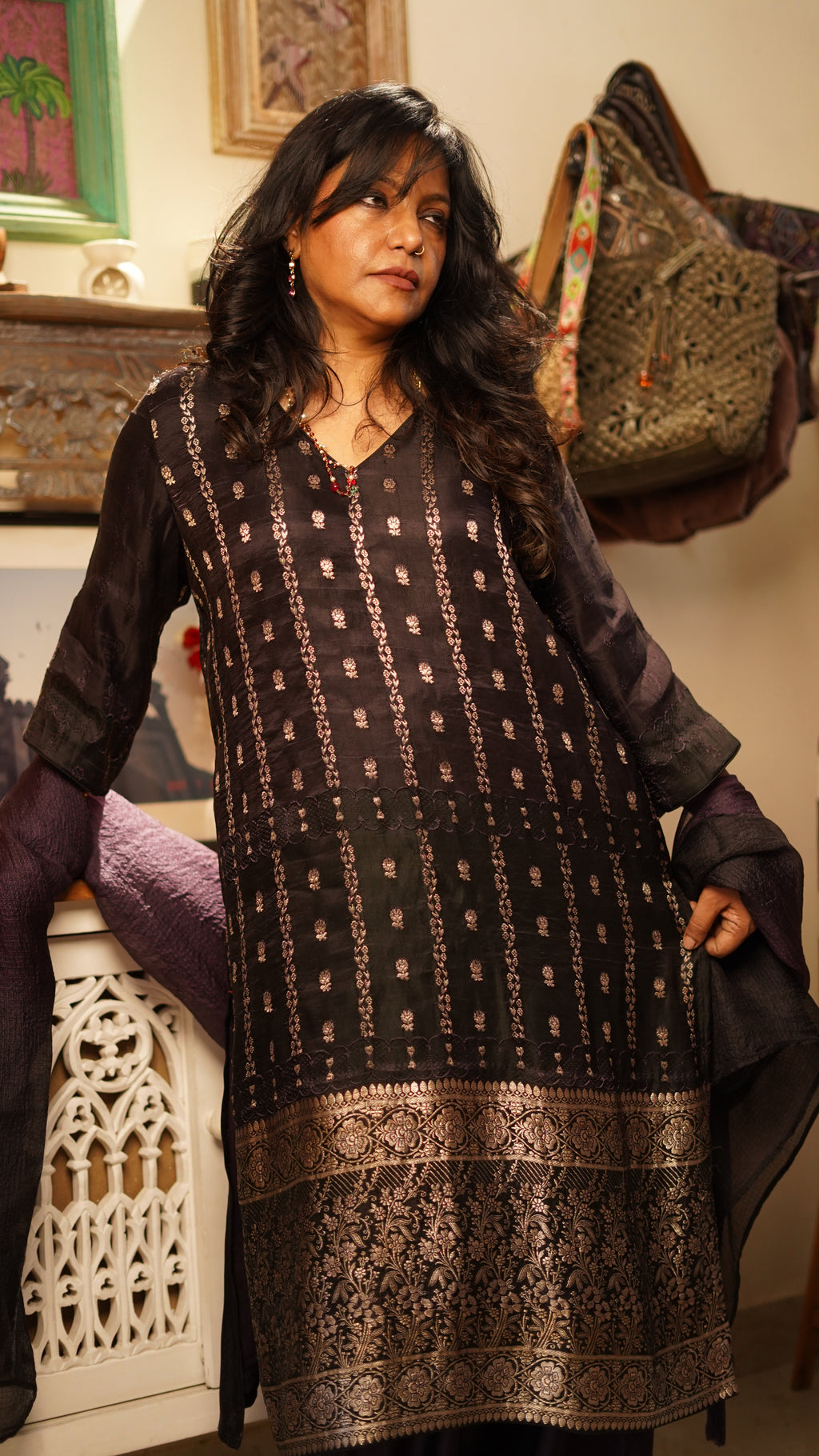 Noir Silk Brocade Suit