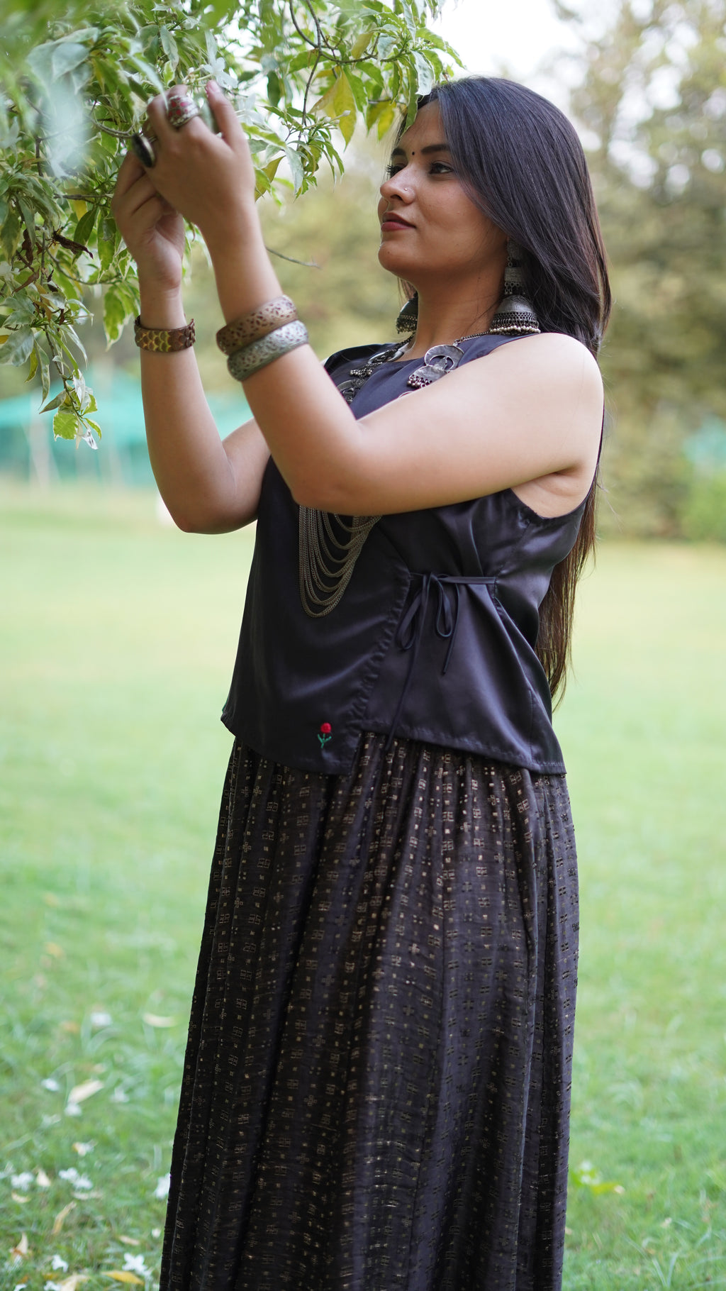 Midnight Silk Brocade Flared Skirt