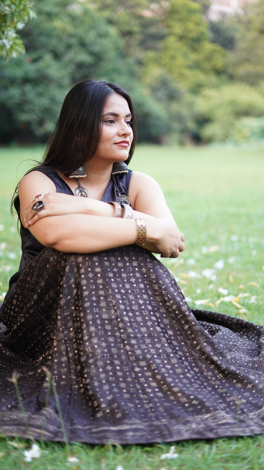 Midnight Silk Brocade Flared Skirt