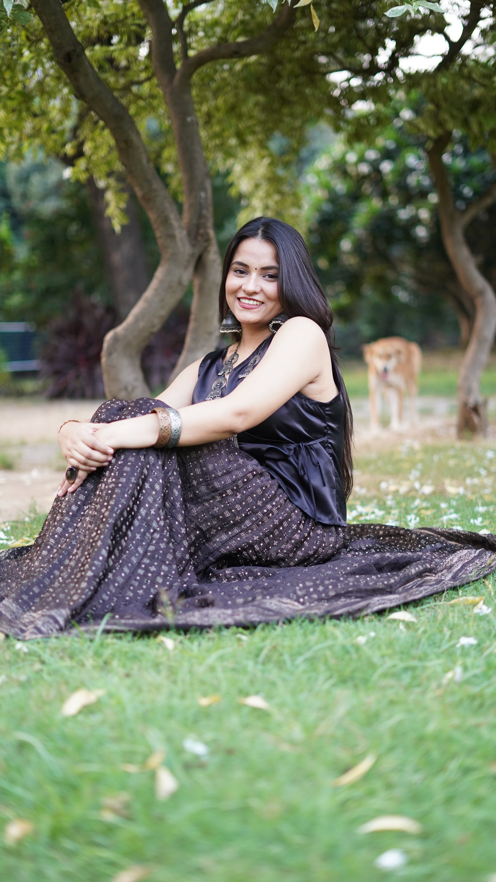 Midnight Silk Brocade Flared Skirt