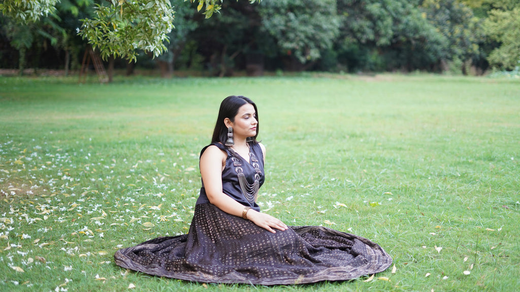 Midnight Silk Brocade Flared Skirt