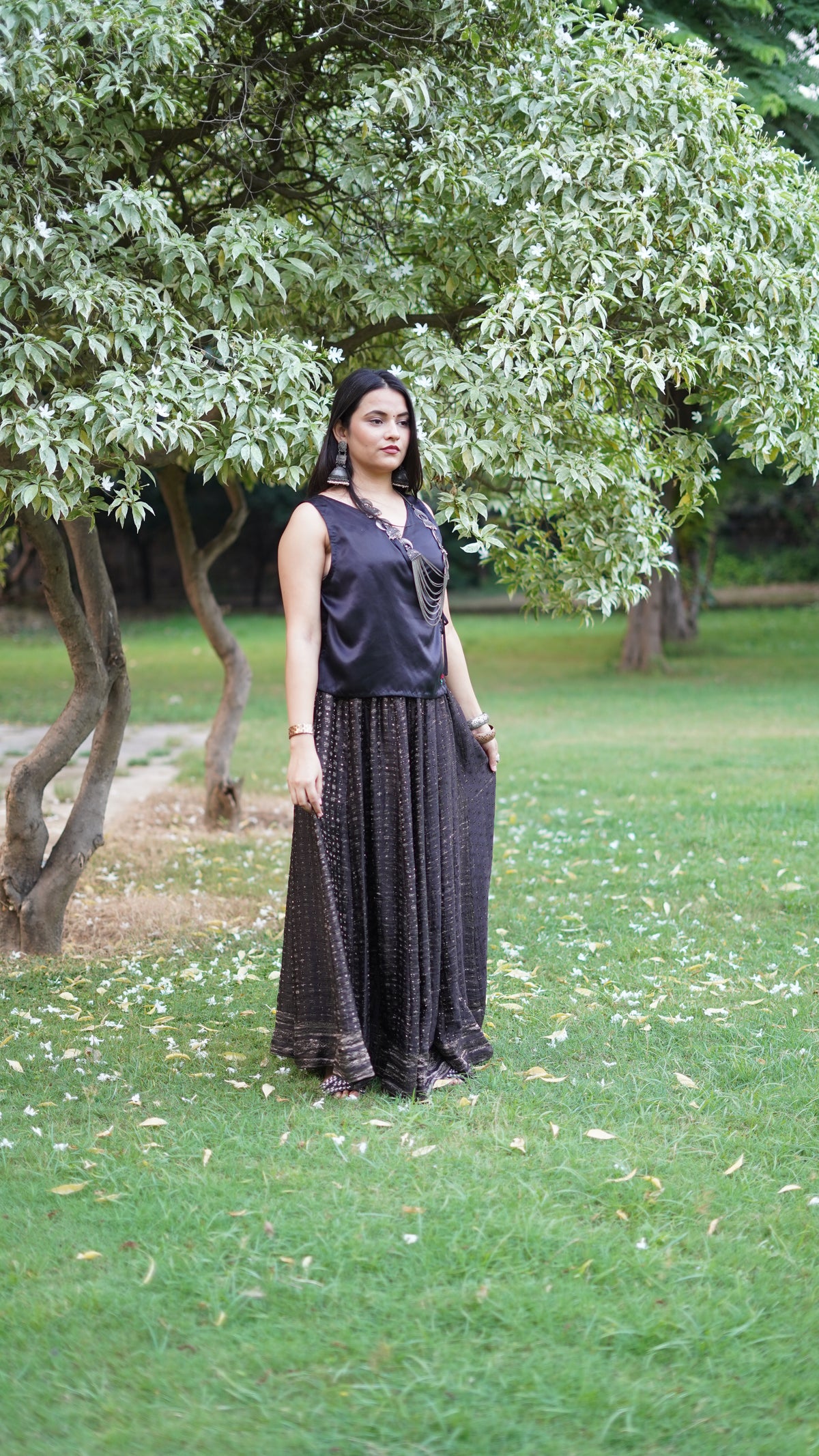 Midnight Silk Brocade Flared Skirt