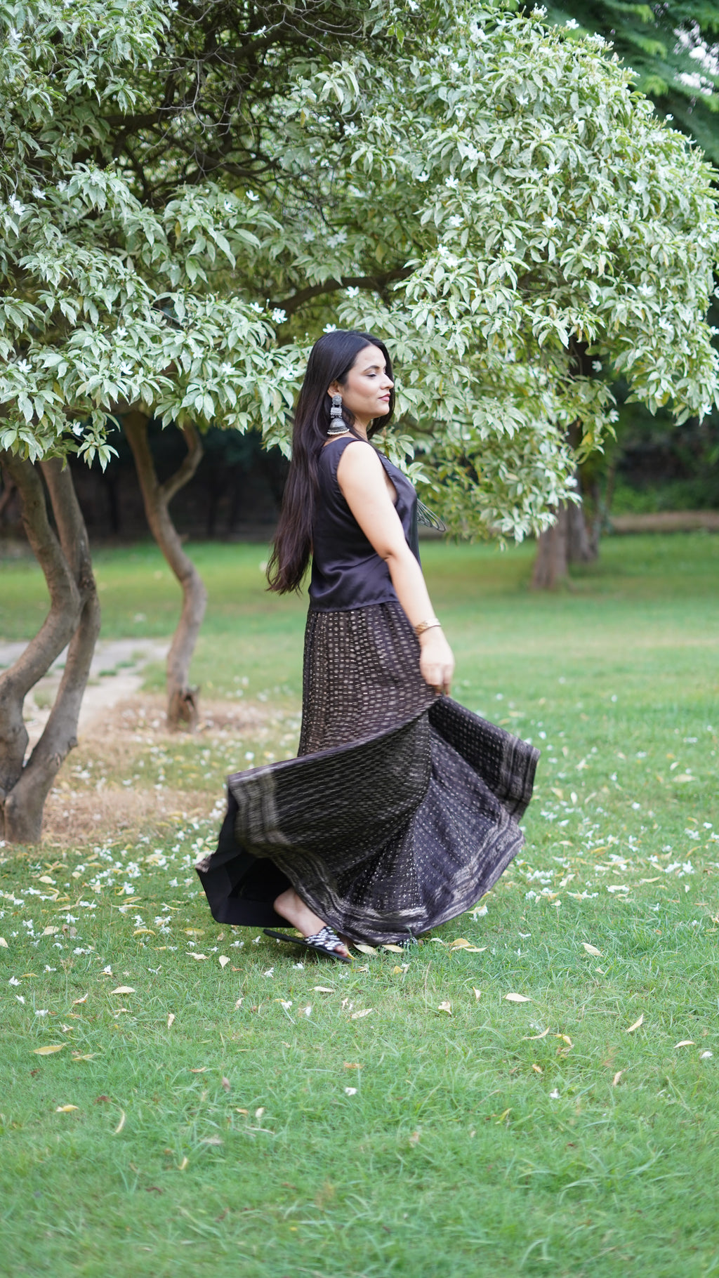 Midnight Silk Brocade Flared Skirt