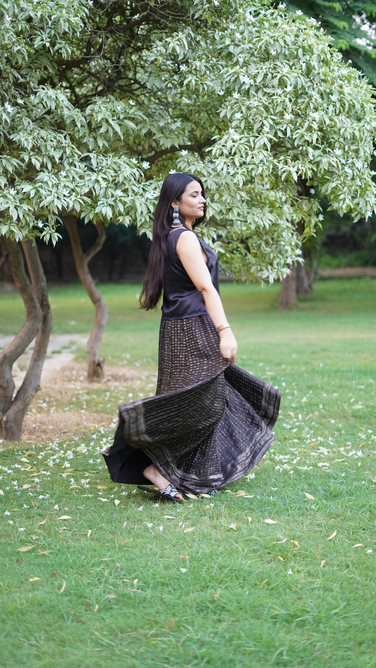 Midnight Silk Brocade Flared Skirt