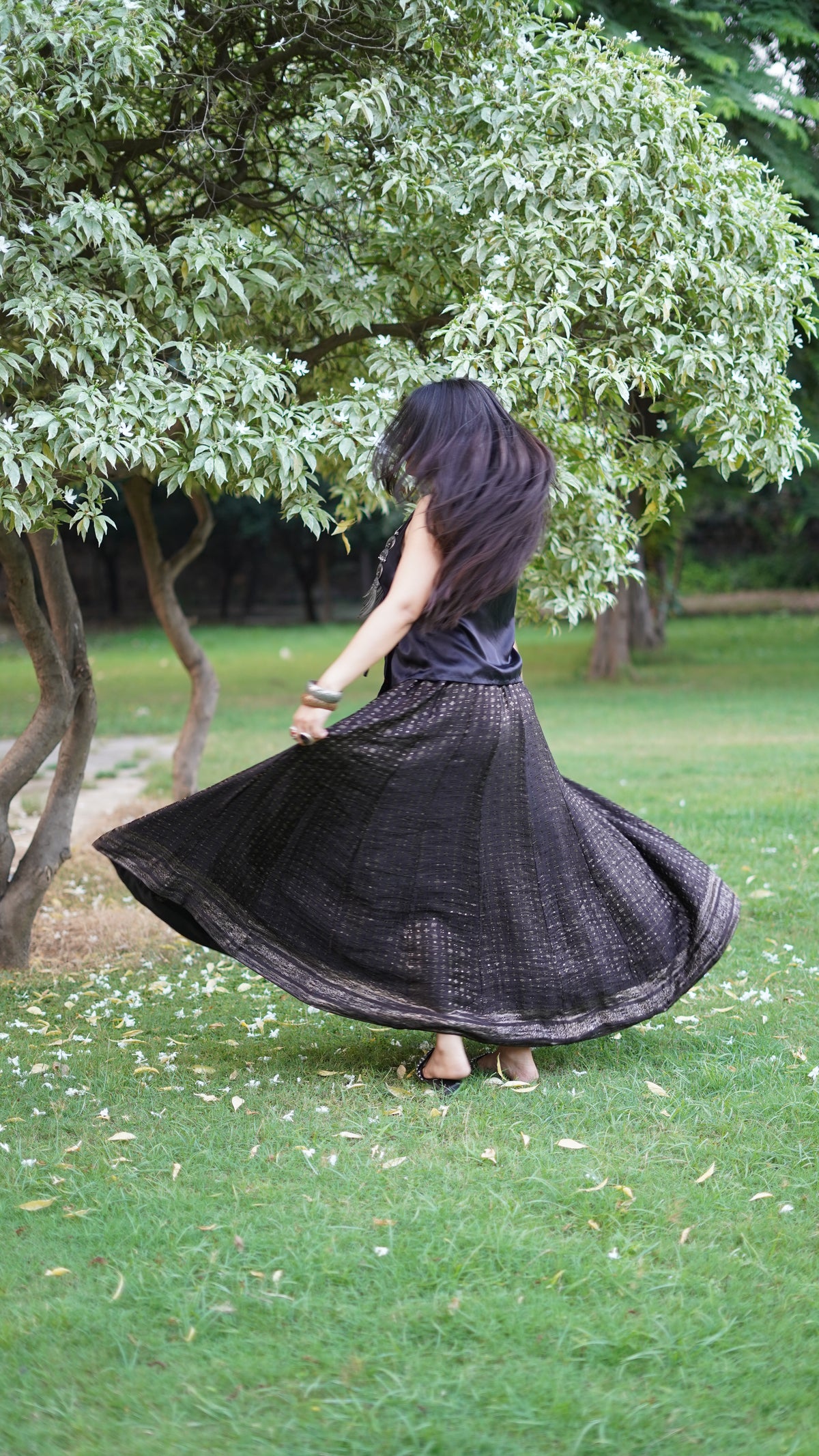 Midnight Silk Brocade Flared Skirt