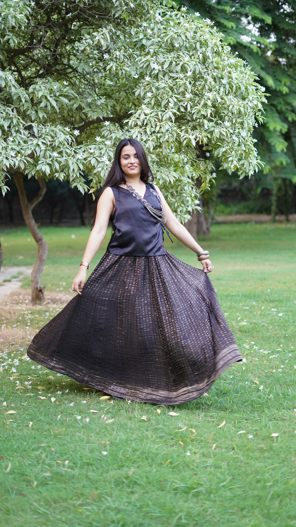 Midnight Silk Brocade Flared Skirt