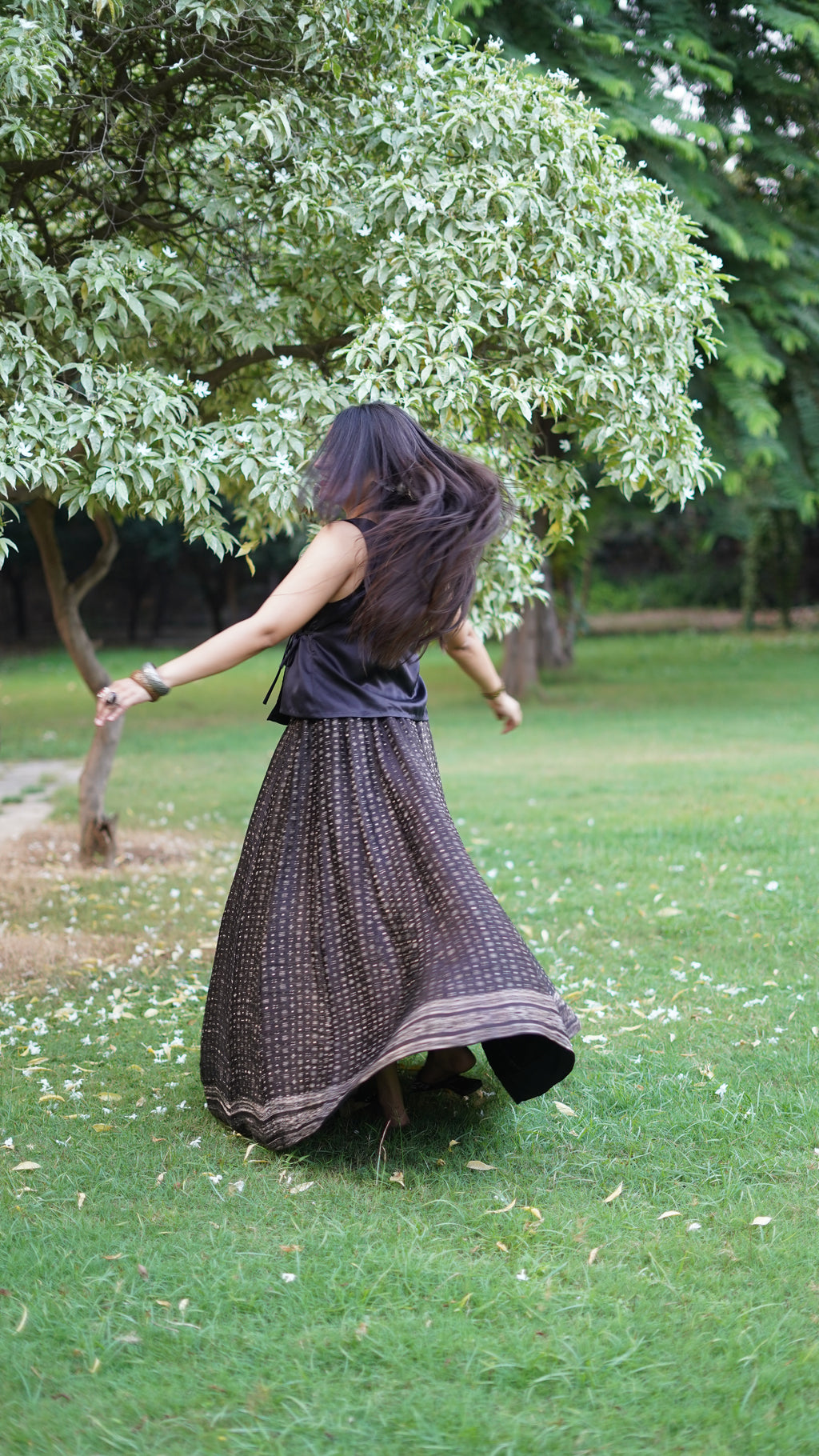 Midnight Silk Brocade Flared Skirt