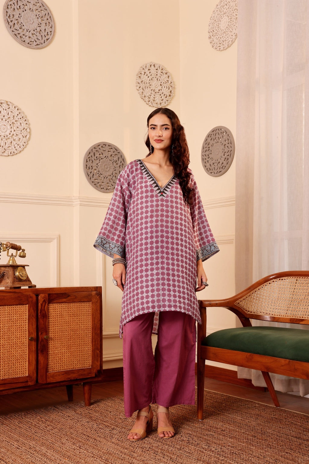 Elegant Silk Hand Block Printed Kurta with Cotton Pants