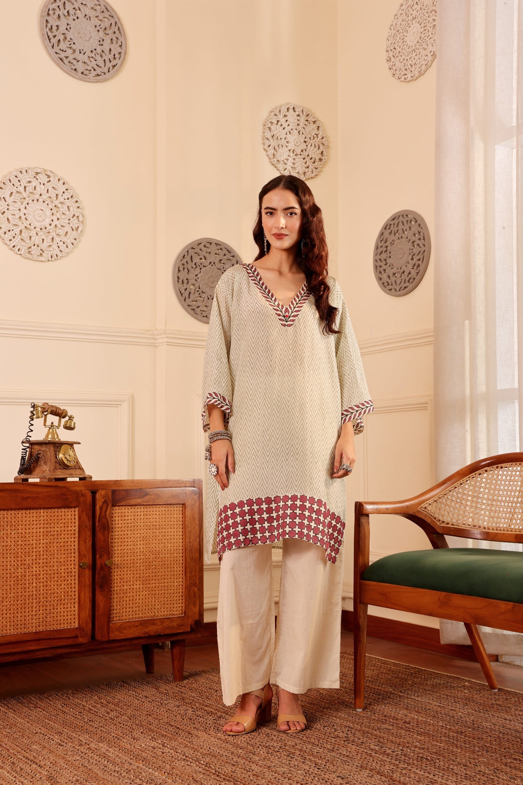 Elegant Silk Hand Block Printed kaftan kurta with Cotton Pants