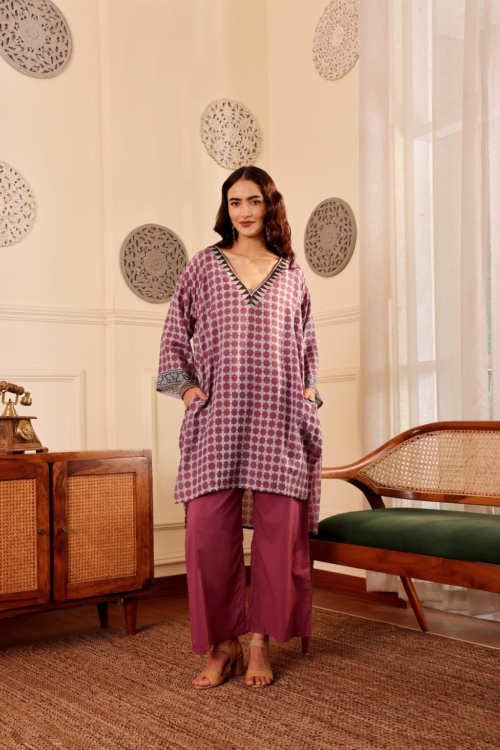 Elegant Silk Hand Block Printed Kurta with Cotton Pants