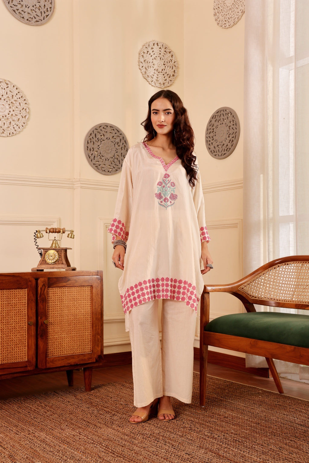 Elegant Silk Hand Block Printed Kurta with Cotton Pants