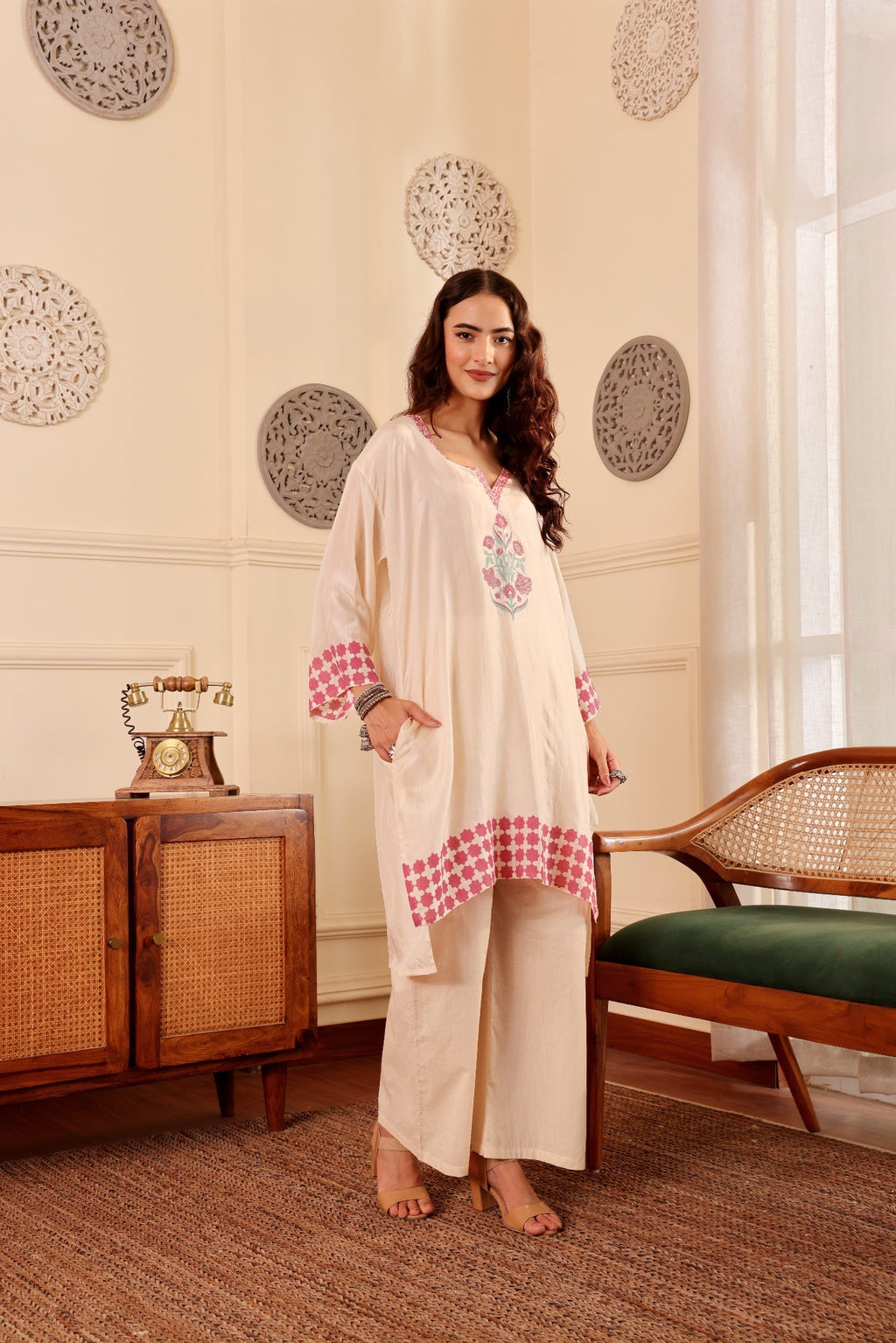 Elegant Silk Hand Block Printed Kurta with Cotton Pants