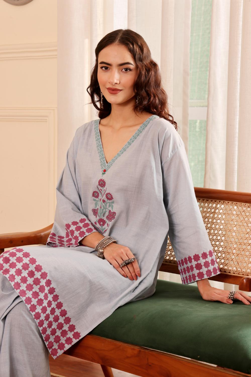 Elegant Floral block printed Cotton Kurti