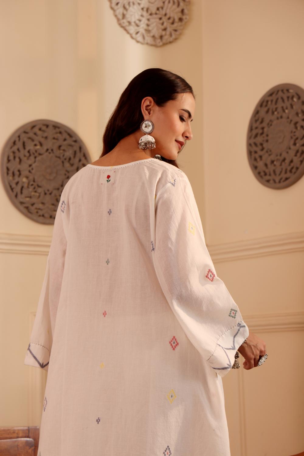 Ivory White border jamdani Cotton Kurta set for Women with dupatta