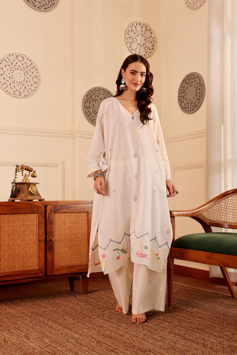 Ivory White border jamdani Cotton Kurta set for Women with dupatta