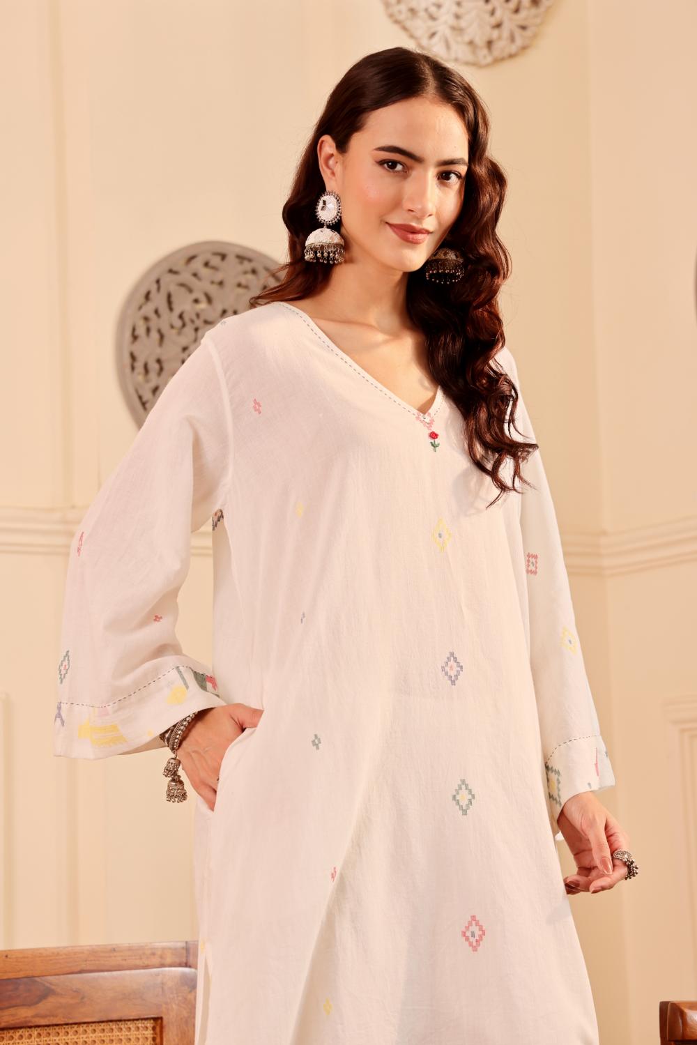 Ivory White border jamdani Cotton Kurta set for Women with dupatta