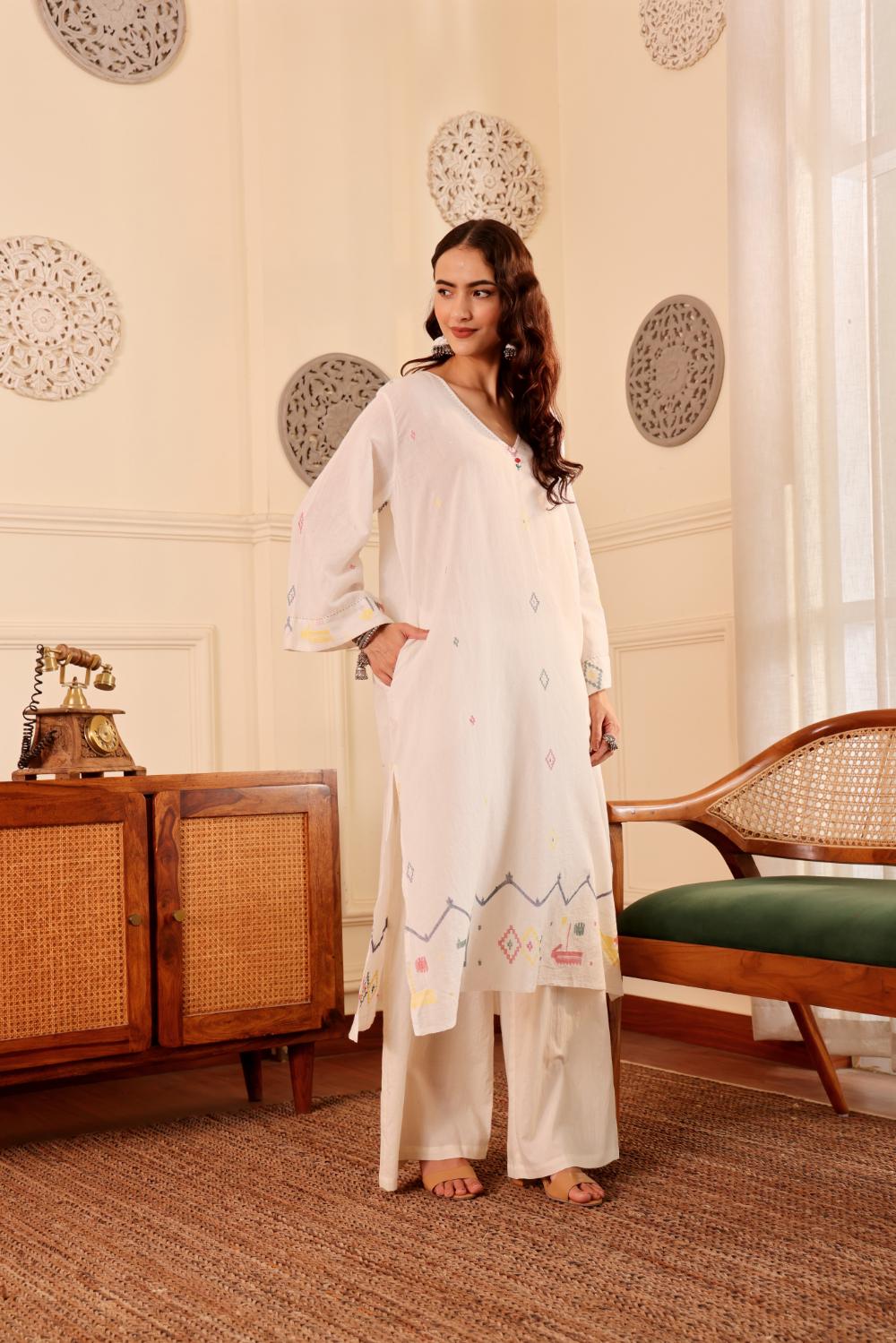 Ivory White border jamdani Cotton Kurta set for Women with dupatta