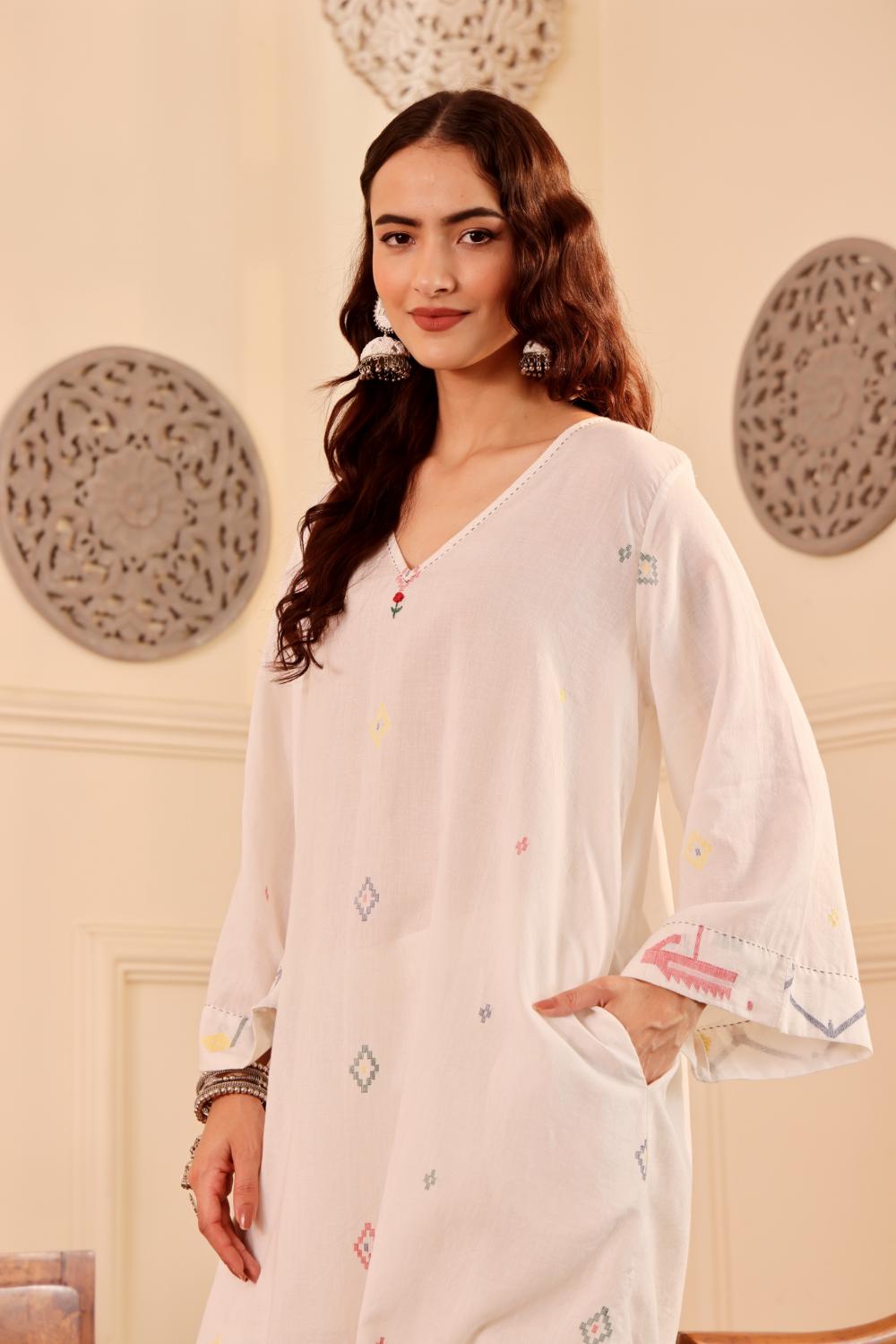 Ivory White border jamdani Cotton Kurta set for Women with dupatta