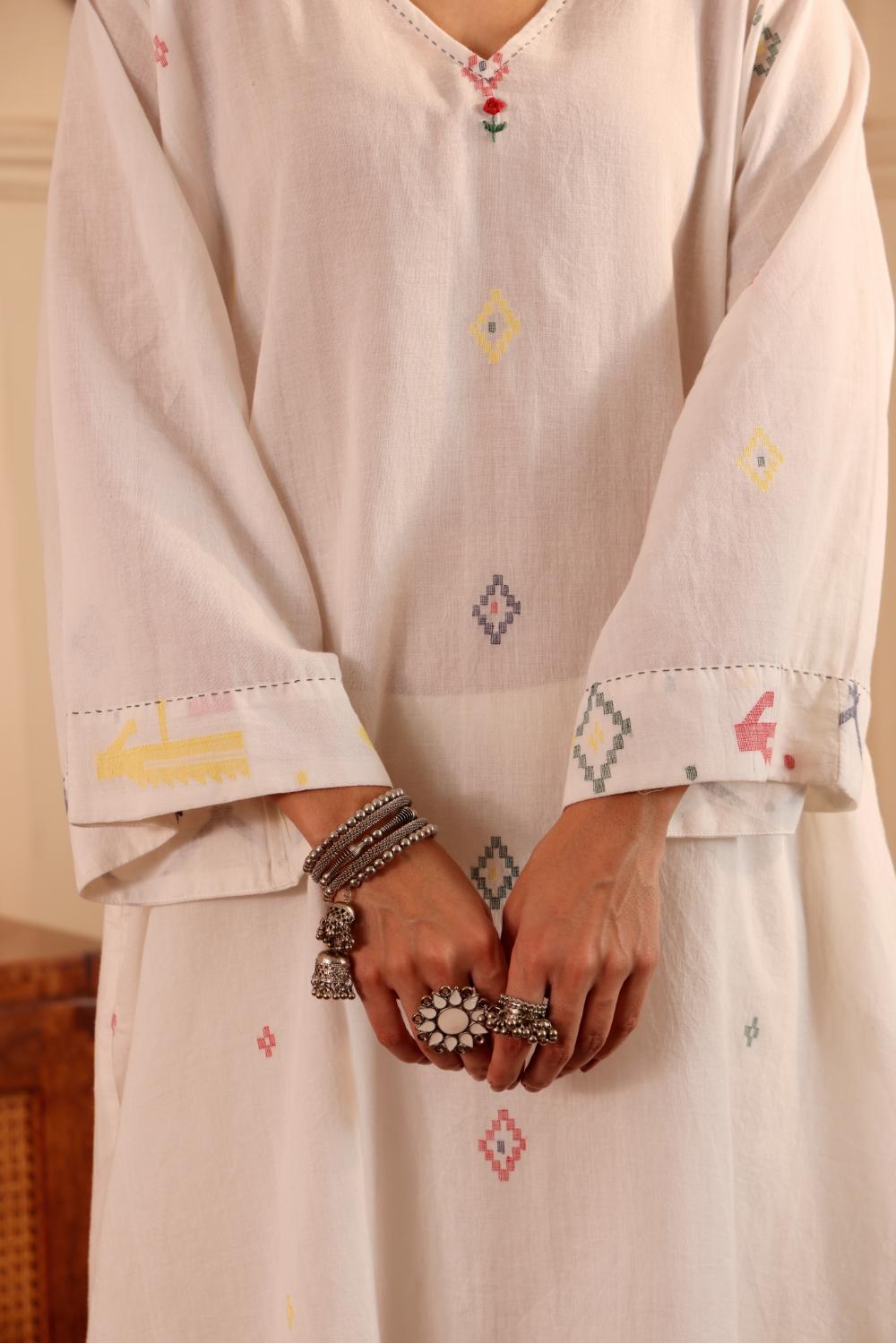 Ivory White border jamdani Cotton Kurta set for Women with dupatta
