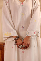 Ivory White border jamdani Cotton Kurta set for Women with dupatta