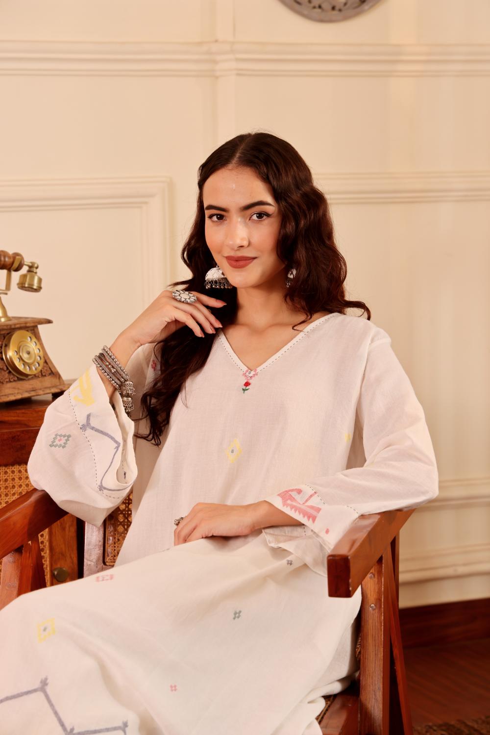 Ivory White border jamdani Cotton Kurta set for Women with dupatta