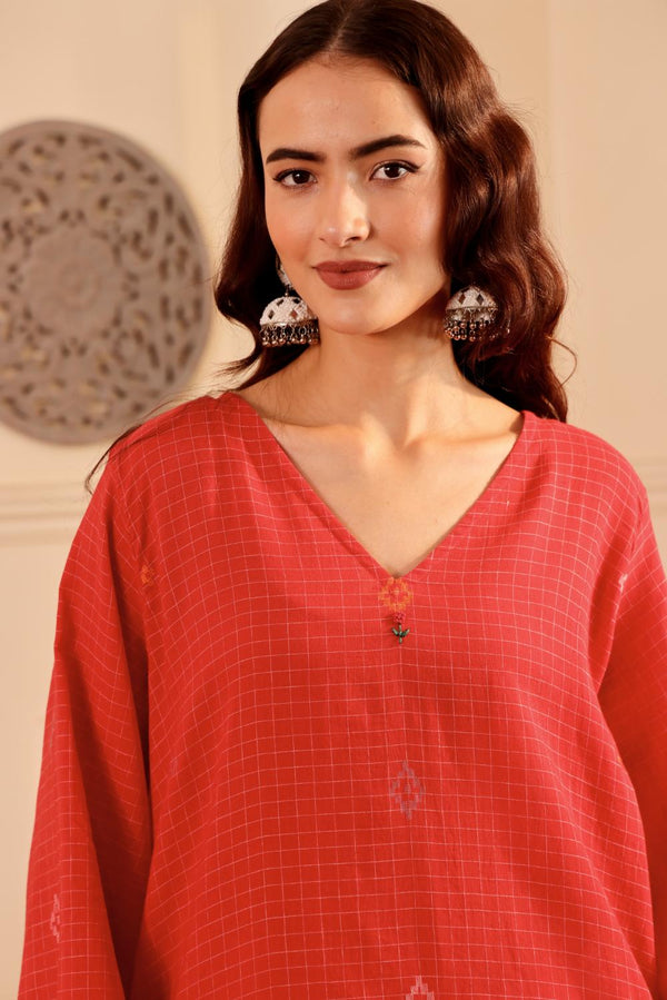 Coral Red Checked jamdani Cotton Kurta for Women