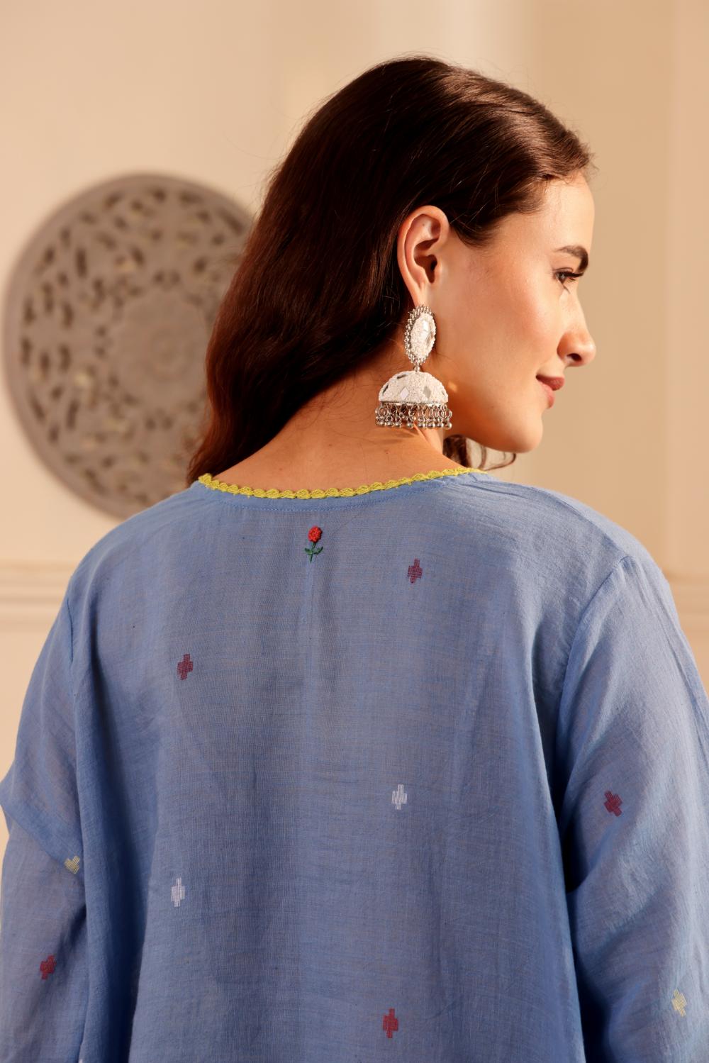 Sky Blue Cotton jamdani kurta for Women with dupatta