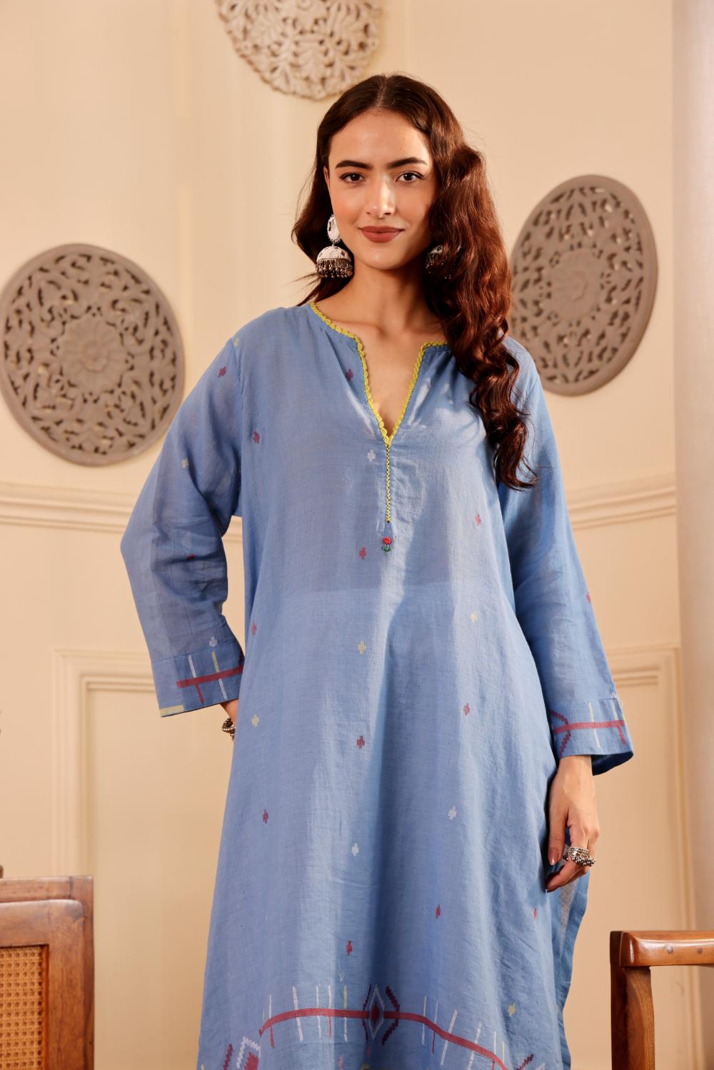 Sky Blue Cotton jamdani kurta for Women with dupatta