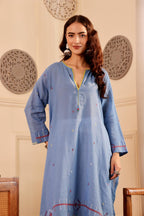 Sky Blue Cotton jamdani kurta for Women with dupatta
