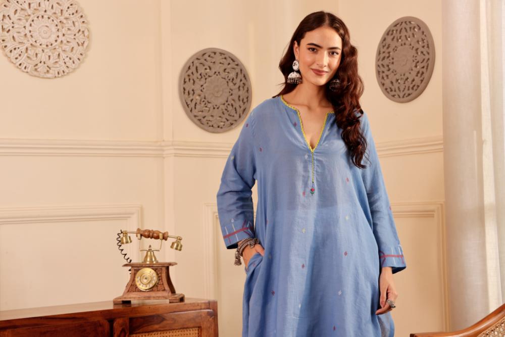 Sky Blue Cotton jamdani kurta for Women with dupatta