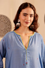 Sky Blue Cotton jamdani kurta for Women with dupatta