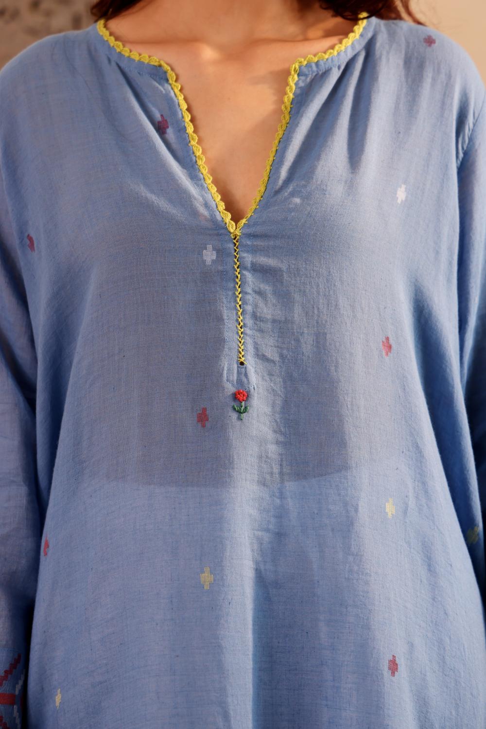 Sky Blue Cotton jamdani kurta for Women with dupatta