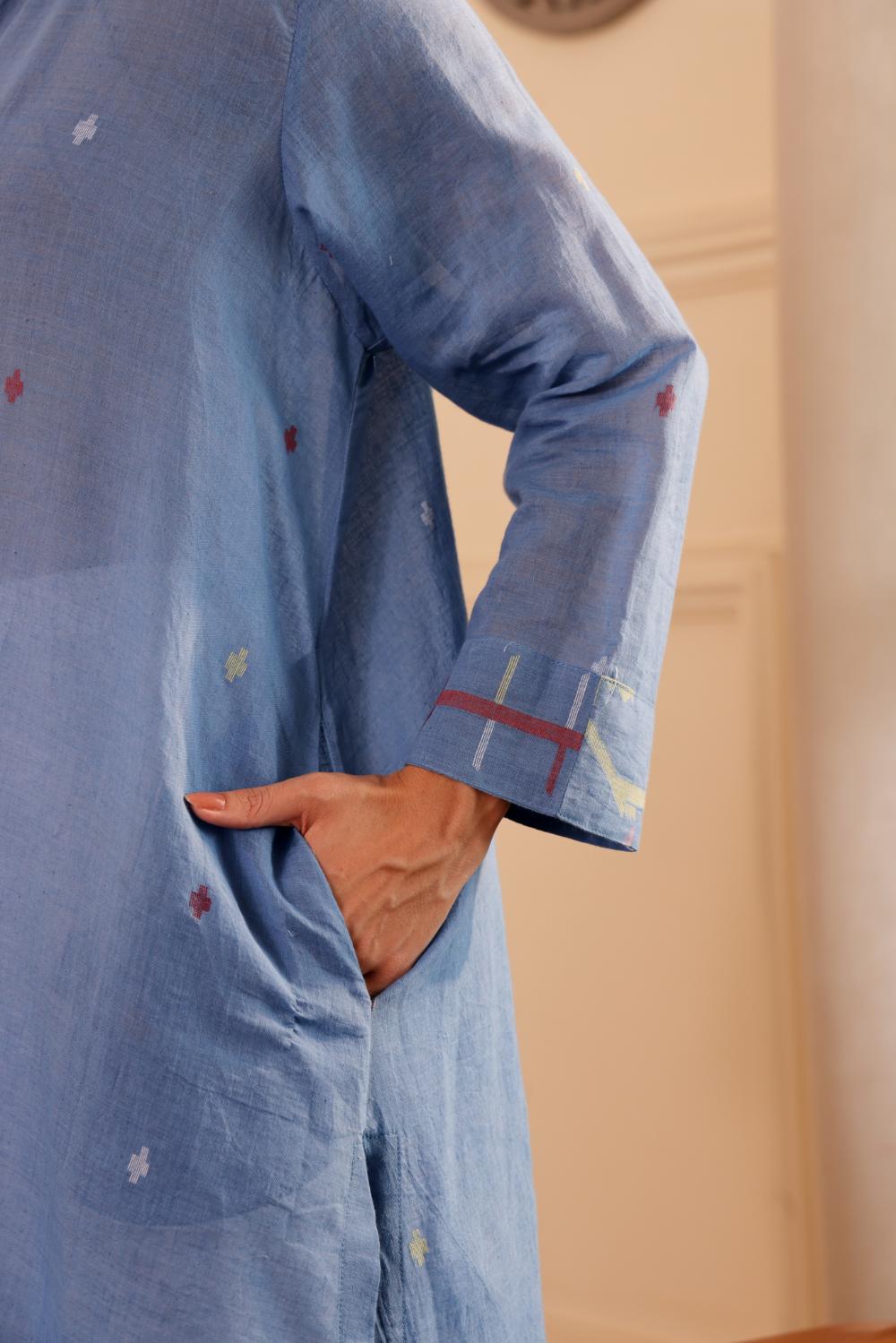 Sky Blue Cotton jamdani kurta for Women with dupatta