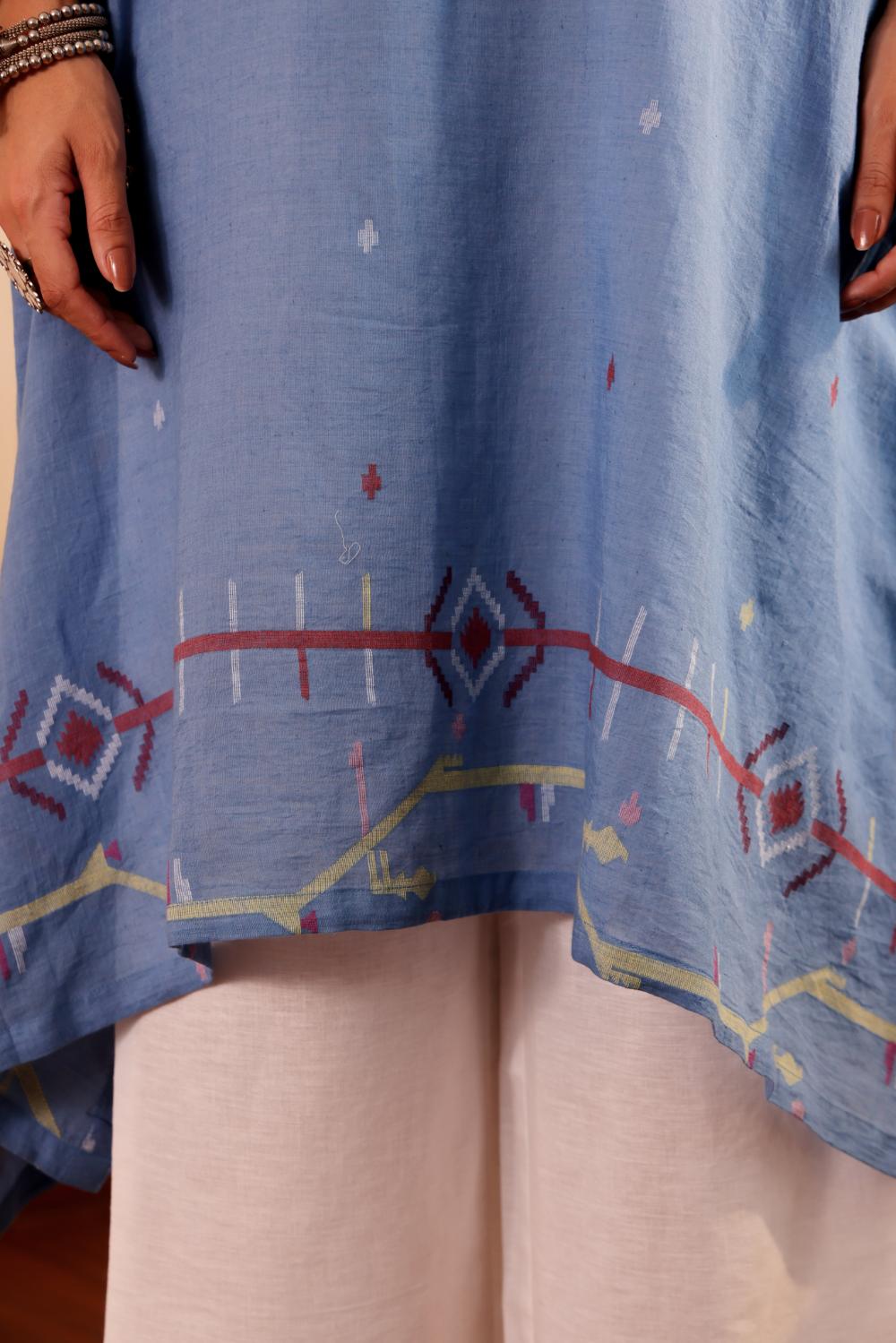 Sky Blue Cotton jamdani kurta for Women with dupatta