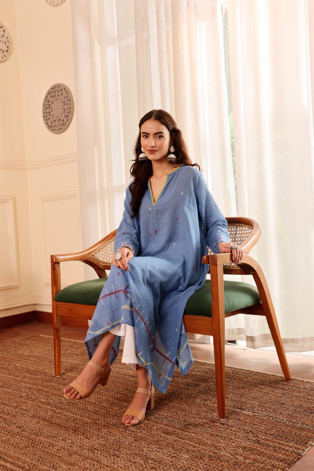 Sky Blue Cotton jamdani kurta for Women with dupatta