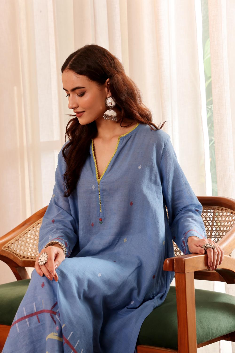 Sky Blue Cotton jamdani kurta for Women with dupatta