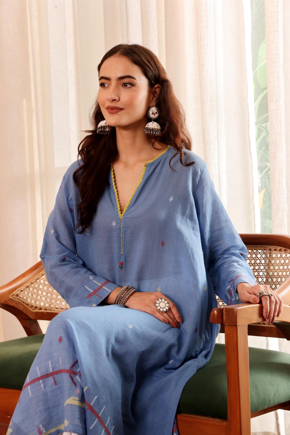 Sky Blue Cotton jamdani kurta for Women with dupatta