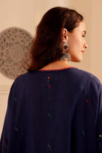 Navy Blue woven jamdani Cotton Kurta with Rust Pants for Women