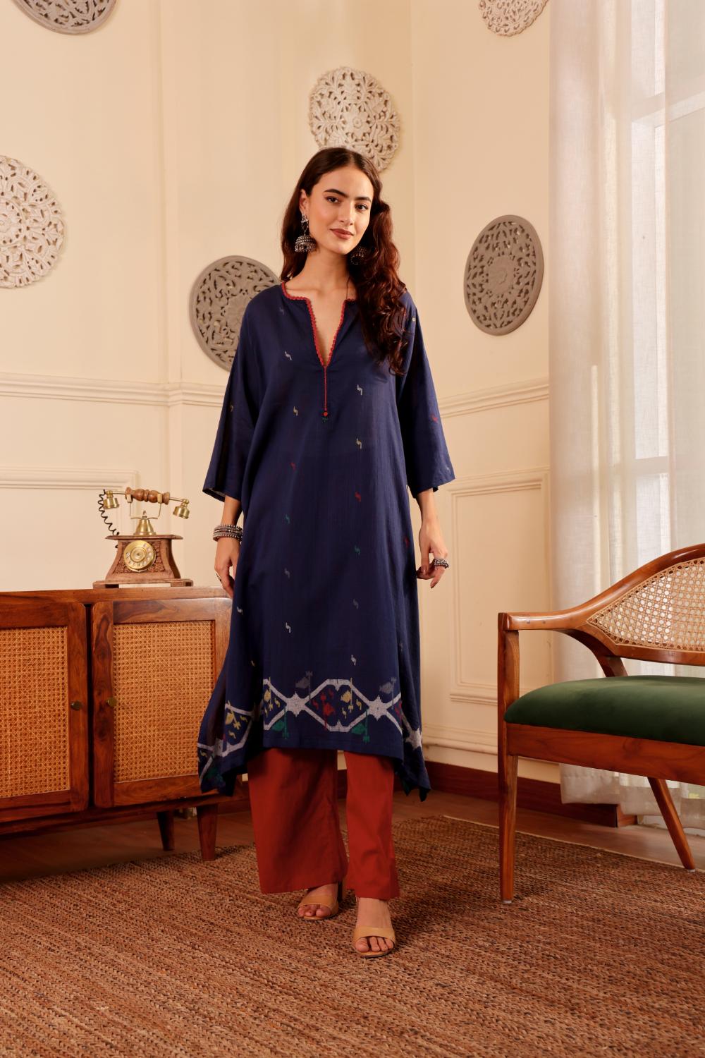Navy Blue woven jamdani Cotton Kurta with Rust Pants for Women