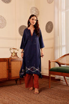 Navy Blue woven jamdani Cotton Kurta with Rust Pants for Women