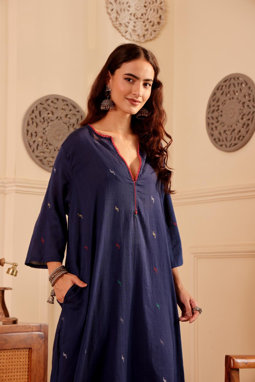 Navy Blue woven jamdani Cotton Kurta with Rust Pants for Women