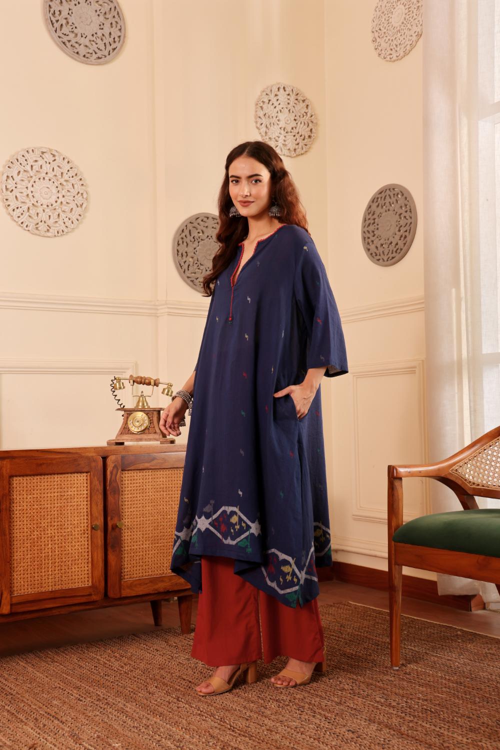 Navy Blue woven jamdani Cotton Kurta with Rust Pants for Women