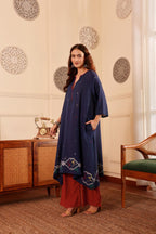 Navy Blue woven jamdani Cotton Kurta with Rust Pants for Women