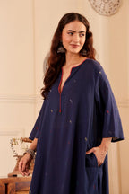Navy Blue woven jamdani Cotton Kurta with Rust Pants for Women