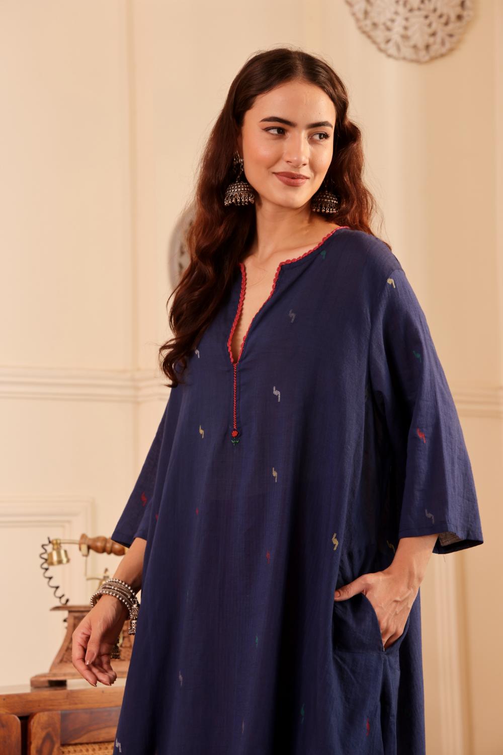 Navy Blue woven jamdani Cotton Kurta with Rust Pants for Women