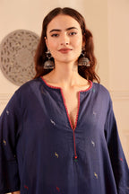 Navy Blue woven jamdani Cotton Kurta with Rust Pants for Women