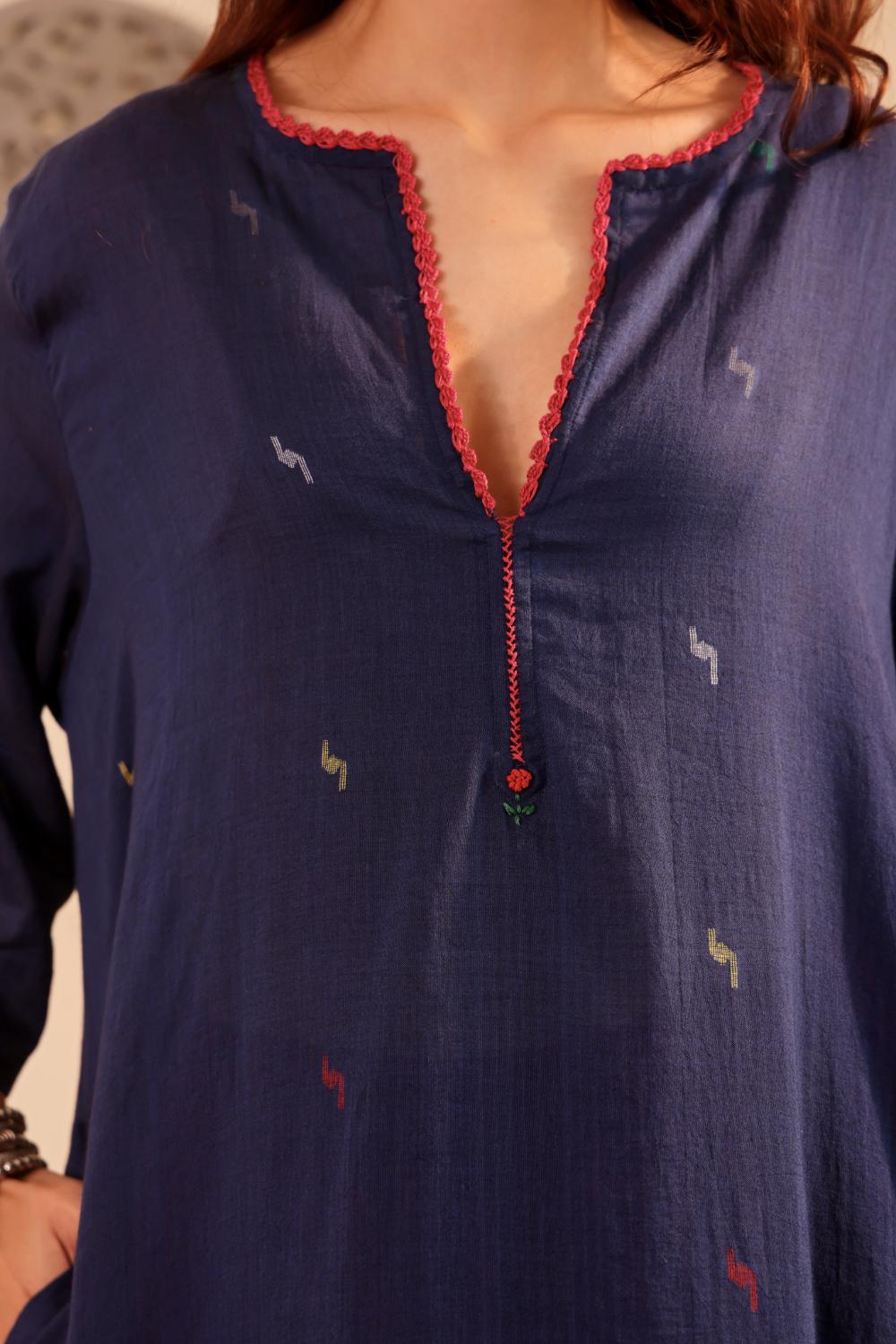 Navy Blue woven jamdani Cotton Kurta with Rust Pants for Women