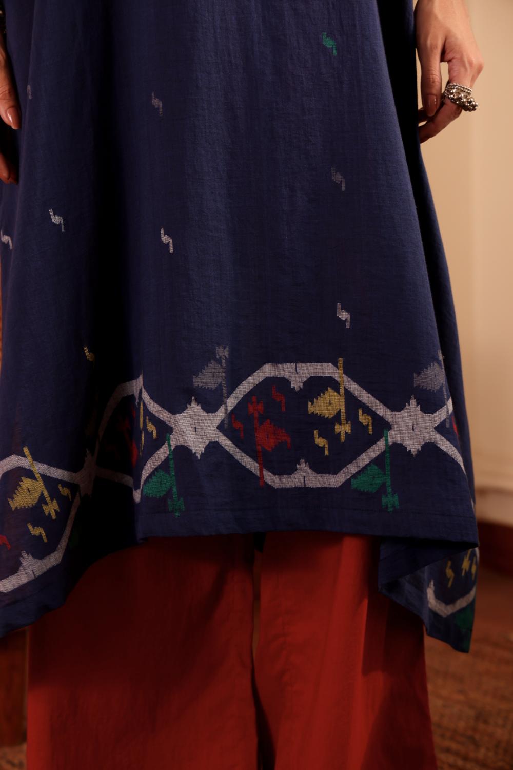 Navy Blue woven jamdani Cotton Kurta with Rust Pants for Women